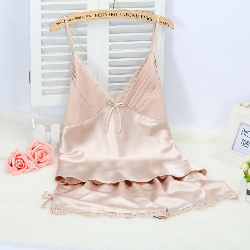 Spring and Summer Sling Pajamas Women's Sexy Ice Silk Two-piece Suit Silk Short Hanging Shorts Large Size Thin Home Clothes