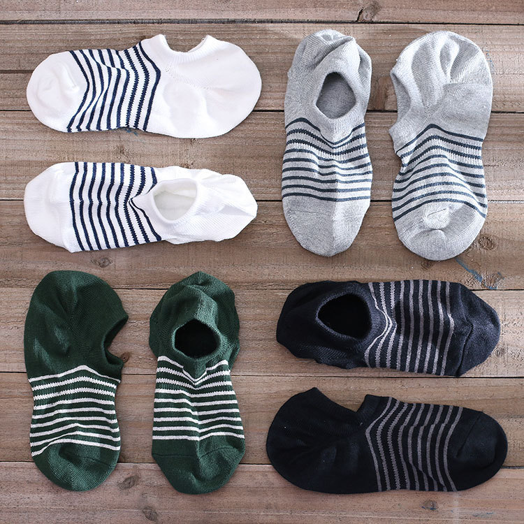 Unprinted Japanese-Style Men's Socks, Japanese-Made, Right-Angle Socks, Striped Cotton Blend, Invisible Socks, Boat Socks W01, Comfortable and Breathable