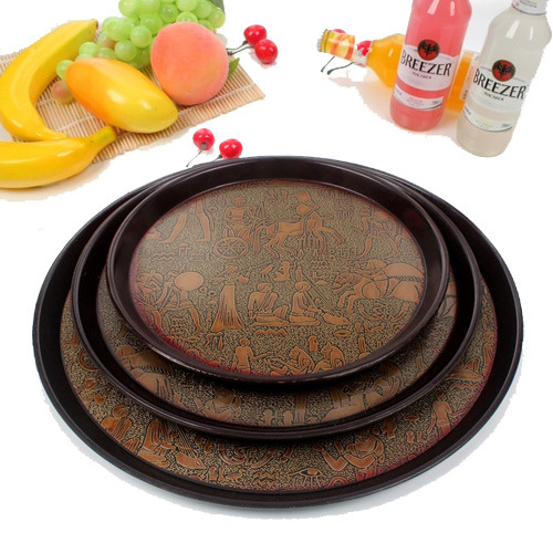 Round Room Tray Ancient Roman Pattern Leather Non-slip Tray Plastic European Style Non-slip Dinner Plate Hotel Leather Pattern Tray