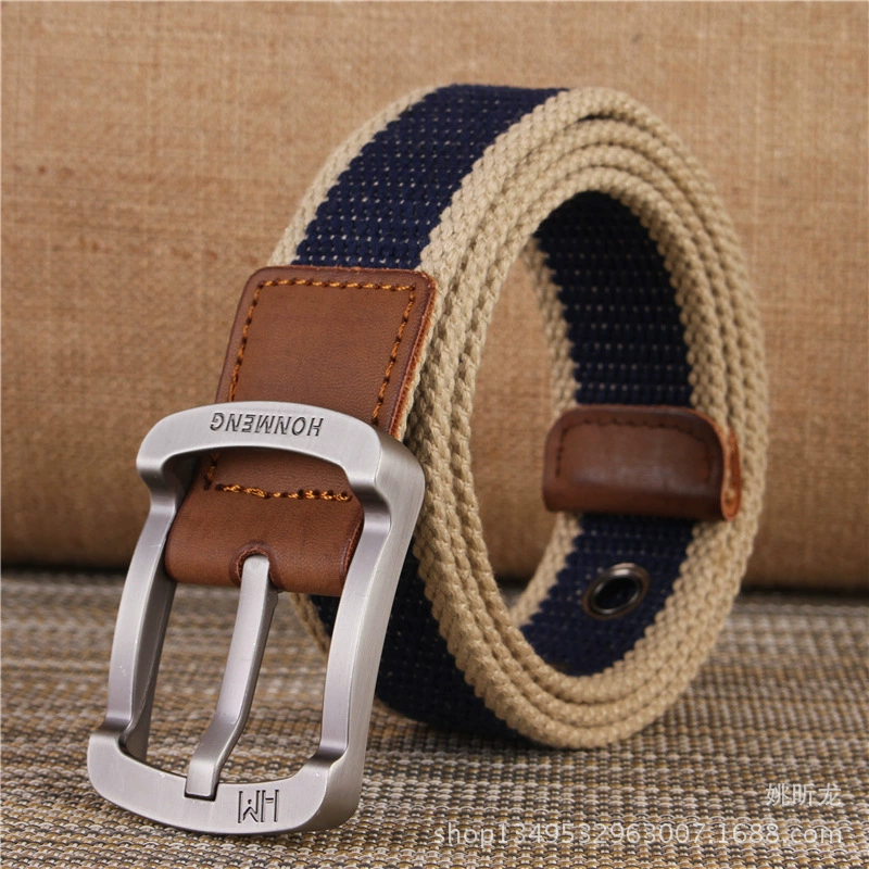 Men's cloth belt, Korean school style, canvas with faux-leather buckle, 105–125 cm