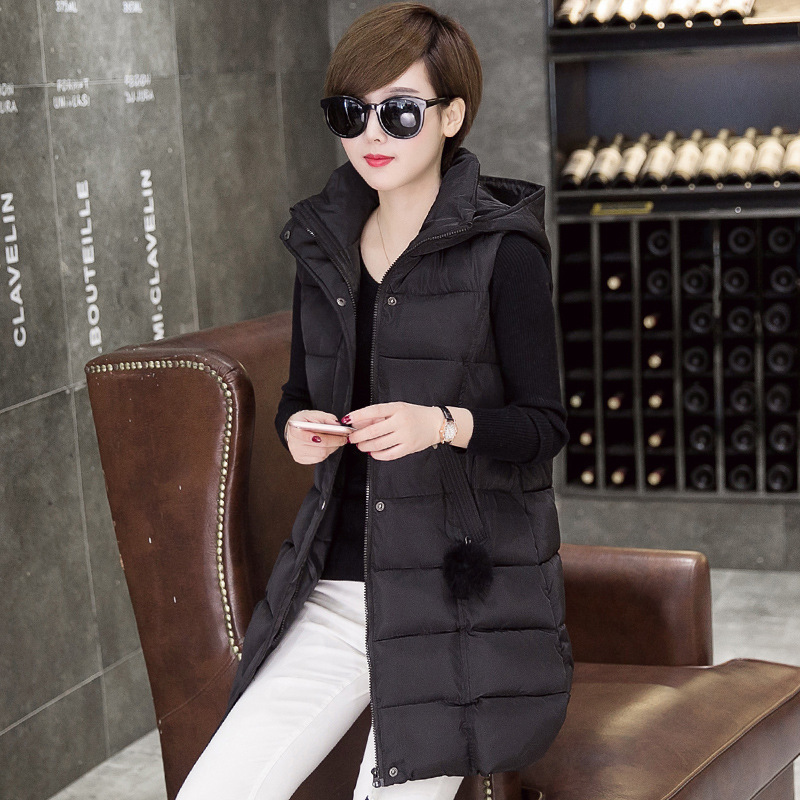 European and American Fashion Women's Clothing Autumn and Winter New Cotton Vest Loose Mid-Length down Cotton Vest Hooded Large Size Vest