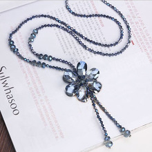 韩版时尚优雅水晶项链毛衣挂链女长款欧美夸张大牌花朵流苏装饰链