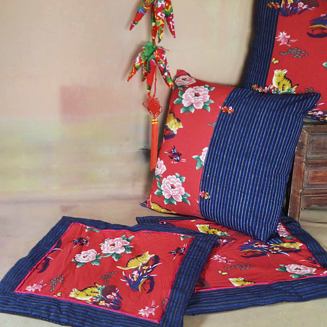 原创古典风全棉加厚老花布手织布拼布抱枕靠垫套坐垫椅垫套装