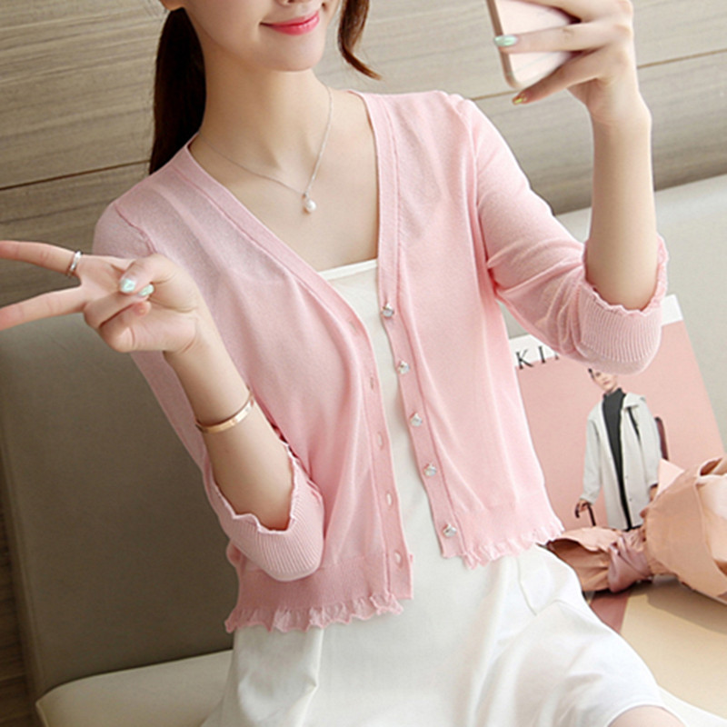 Summer Thin Women's Cardigan, Short Knitted Knitwear, Three-Quarter Sleeve Jacket, Shawl, Ice Silk Sun Protection Shirt, Air-Conditioning Shirt