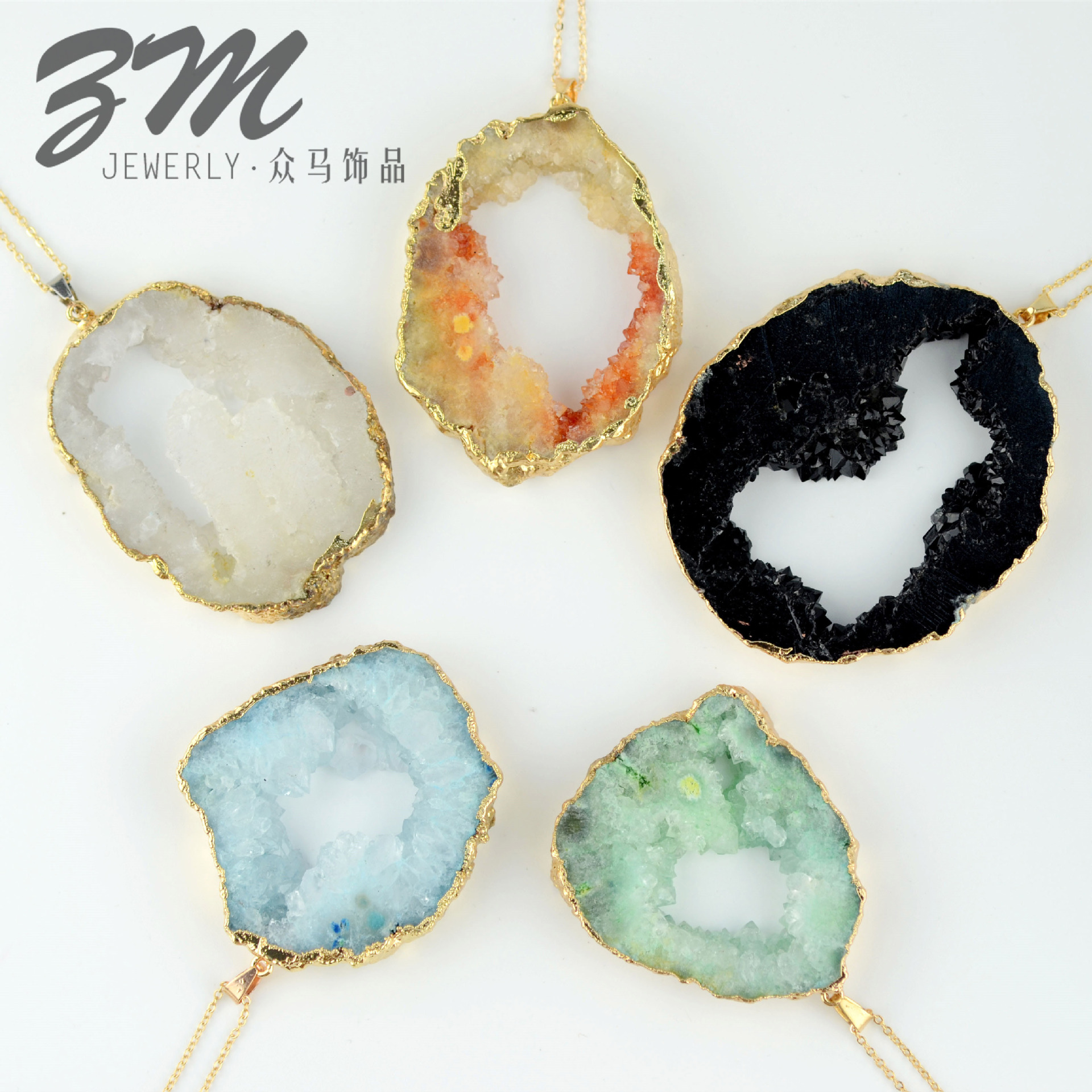 跨境外贸天然石玛瑙晶洞吊坠水晶晶芽项链wish创意款天然晶洞