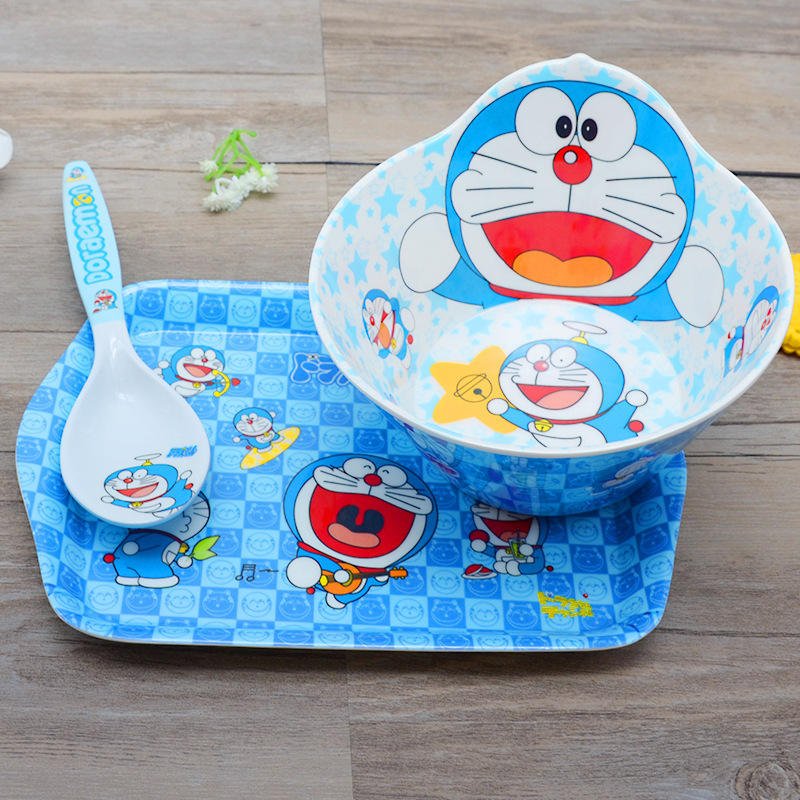 Cartoon children's spoon shape bowl binaural tray porcelain melamine tableware three-piece set for daily necessities wholesale