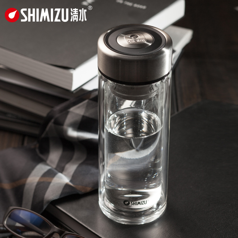 SHIMIZU/清水双层玻璃杯 带盖男士办公泡茶过滤水杯 8021-450ml