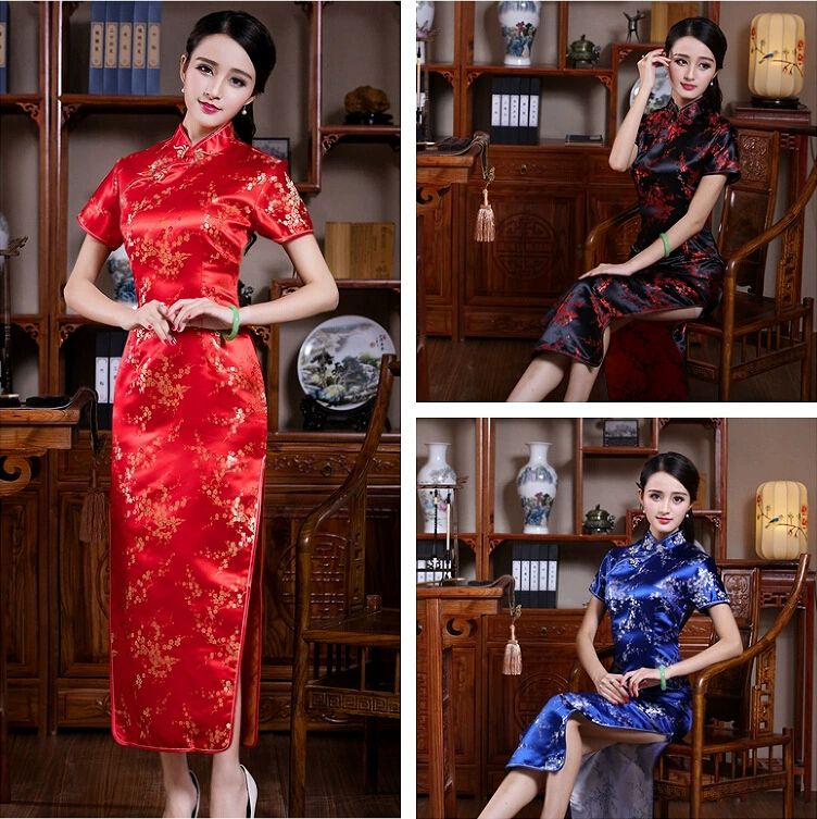 Женский ретро-Улучшенный узор с цветком сливы в китайском стиле, воротник-стойка, косые короткие рукава, длинный Чонсам больших размеров S-6XL
