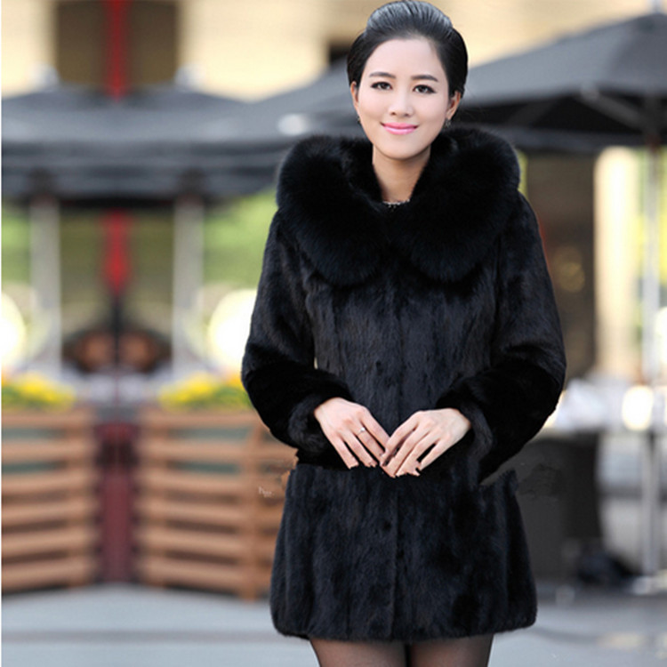 Autumn and Winter New Women's Imitation Rabbit Fur Coat Imitation Fox Fur Collar Mid-length Hood Thickened
