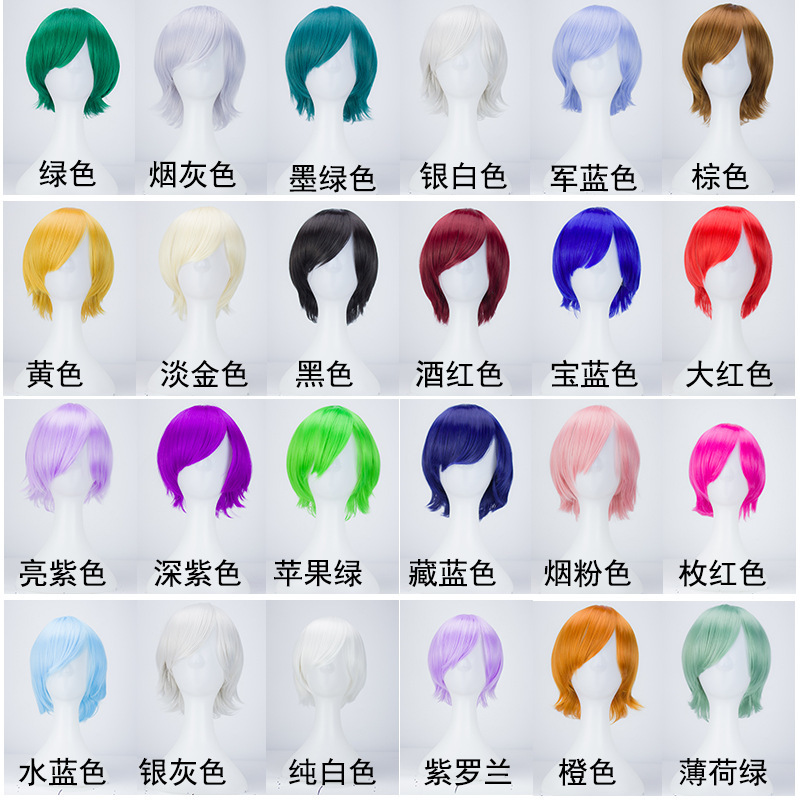 Cos Wig Anime Universal Modified 24 Colors 25cm Straight Hair Short Hair Reverse Curled Universal Full Head Wig Factory Wholesale