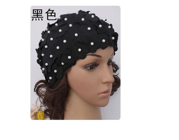 La nueva costura a mano pura perla tridimensional pétalos gorro de natación largo pelo corto caliente primavera mujer gorro de natación fabricantes de Ventas Directas