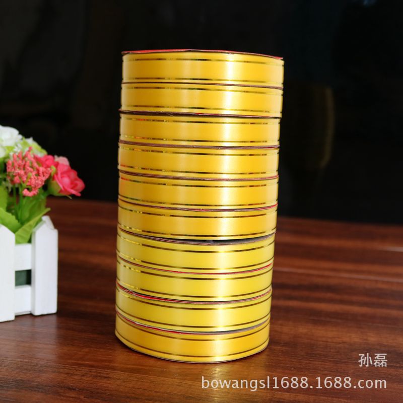 Yiwu al por mayor borde dorado cinta globo cinta carillón de viento seda ancho de banda 1,6 cm cerca de 10 yardas de largo embalaje cinta