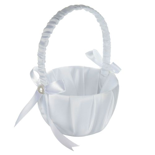 White Flower Girls Baskte White satin pearl rosette flower girl flower basket takes photos in seconds