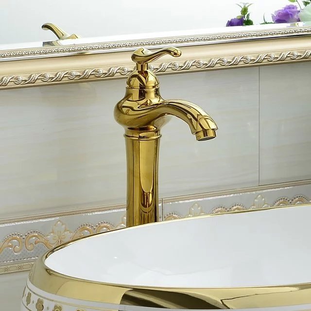 Oro contador cuenca mayor lavabo grifo antiguo lavabo grifo de agua caliente y fría exportación al por mayor