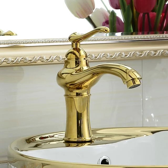 Oro contador cuenca mayor lavabo grifo antiguo lavabo grifo de agua caliente y fría exportación al por mayor