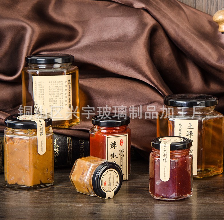 批发380毫升蜂蜜瓶六棱玻璃瓶 酱菜瓶罐头果酱燕窝瓶密封