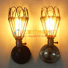 Loft美式乡村工业风小铁笼壁灯 卧室阳台过道书房 爱迪生复古壁灯