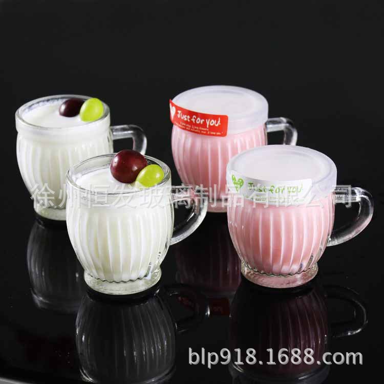创意奶瓶带手柄条纹布丁瓶酸奶杯玻璃瓶果冻牛奶玻璃布丁杯批发