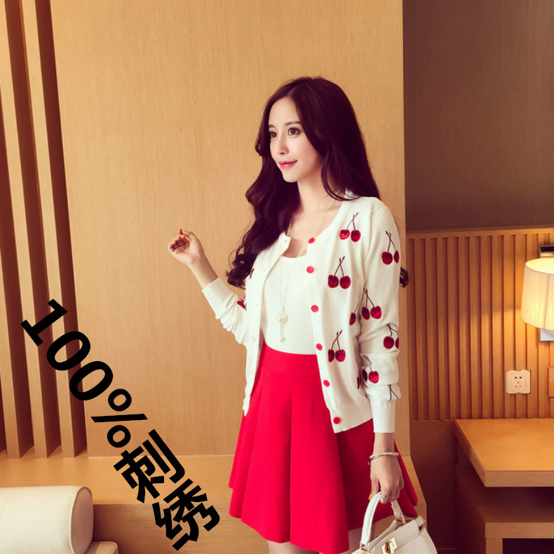 Spring and Autumn New Korean Round Neck Cherry Embroidered Long Sleeve Round Neck Sun Protection Shawl Air Conditioning Knitted Jacket Cardigan Women Spring and Autumn New Korean Round Neck Cherry Embroidered Long Sleeve Round Neck Sun Protection Shawl Air Conditioning Knitted Jacket Cardigan Women
