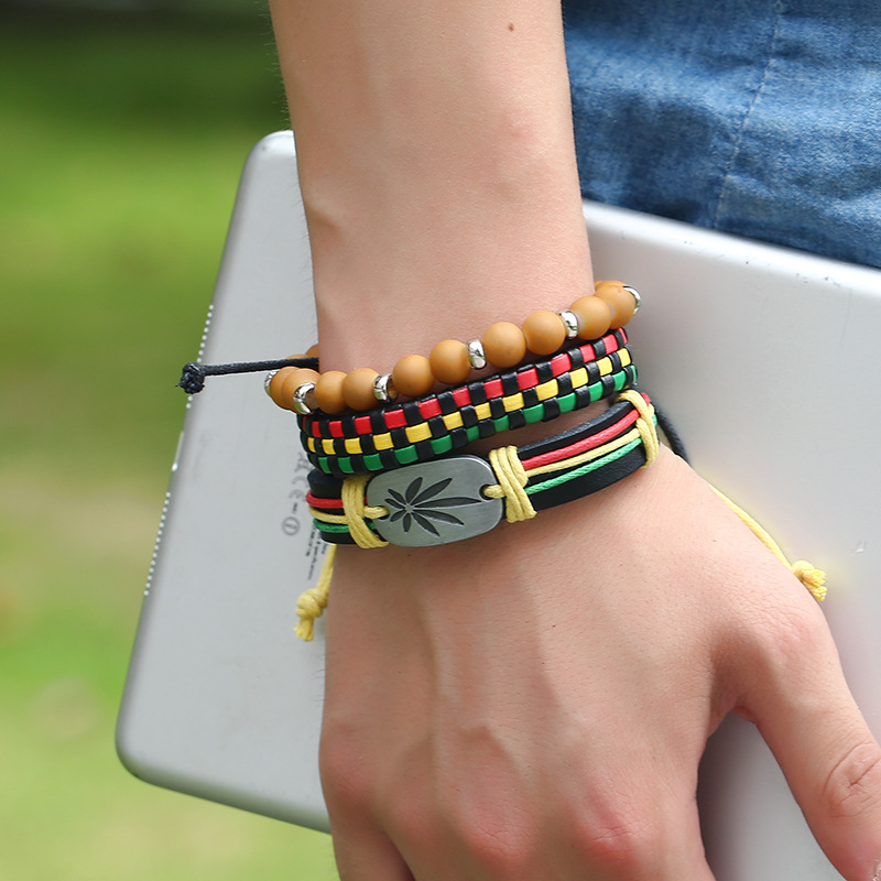 Jamaica traje rojo amarillo verde tejido vaca pulsera DIY cuero genuino joyería hip hop hiphop hip hop image 3