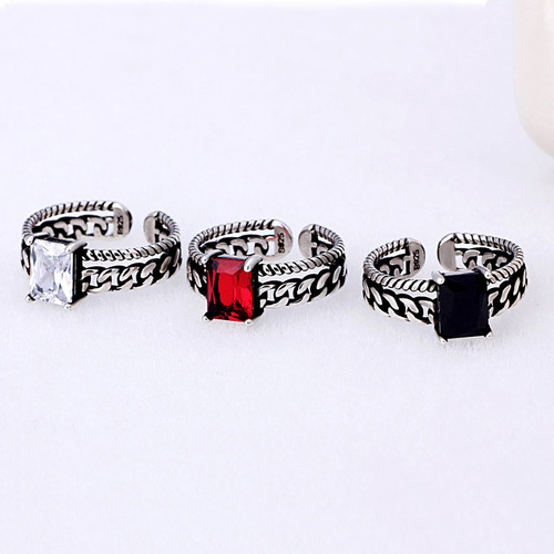 Weihua twist chain zircon retro silver ring plain silver live mouth ring Thai silver open silver jewelry manufacturer
