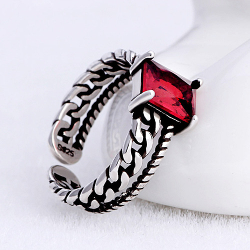 Weihua twist chain zircon retro silver ring plain silver live mouth ring Thai silver open silver jewelry manufacturer