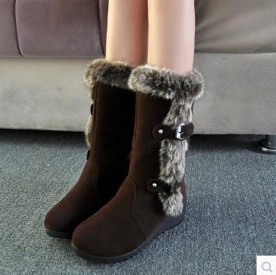 Autumn/Winter Snow Boots with Thick Sole, Rabbit Hair Cotton Lined, Women's Slope Heel, College Medium Calf Boots