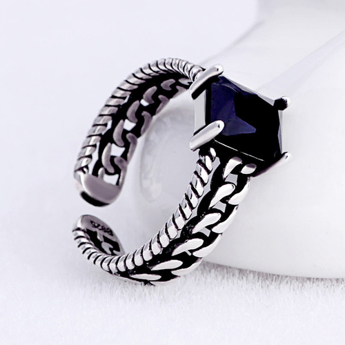 Weihua twist chain zircon retro silver ring plain silver live mouth ring Thai silver open silver jewelry manufacturer