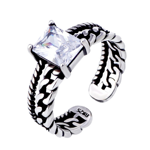 Weihua twist chain zircon retro silver ring plain silver live mouth ring Thai silver open silver jewelry manufacturer