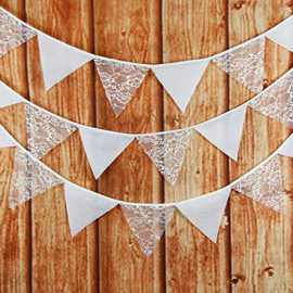 本白色单层玫瑰蕾丝棉布三角旗欧式婚礼装饰挂旗生日派对布置串旗