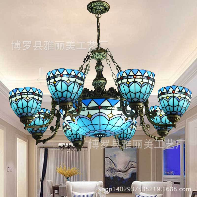 Tiffany glass wrought iron living room suction hanging lamps Mediterranean style bedroom study chandelier lighting a generation of hair