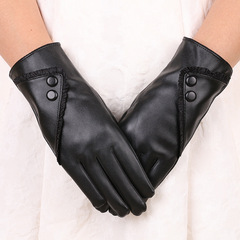 Autumn/Winter Women's PU Leather Gloves with Lace Edge, Warm and Fleece, Coldproof Riding Touch Screen Winter Gloves