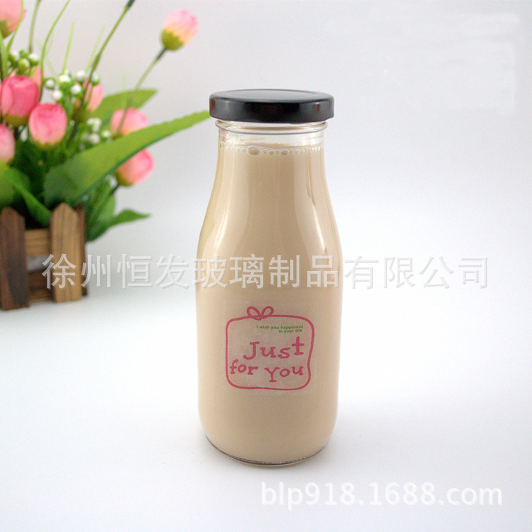 厂家直销方圆奶瓶带盖牛奶杯玻璃果汁280ml饮料瓶奶茶玻璃瓶批发