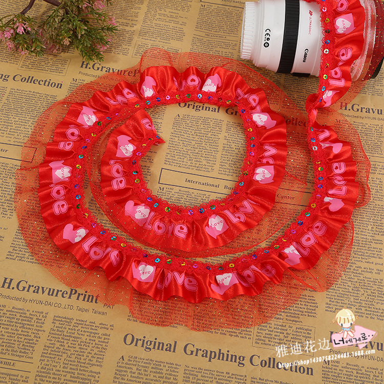 印花色丁烫金网布双层亮片蕾丝打折花边