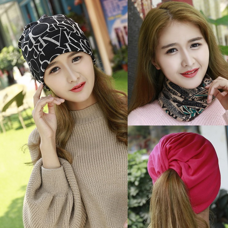 2016款韩版双层秋冬套头帽子女士 字母月子孕妇帽堆堆包头巾帽