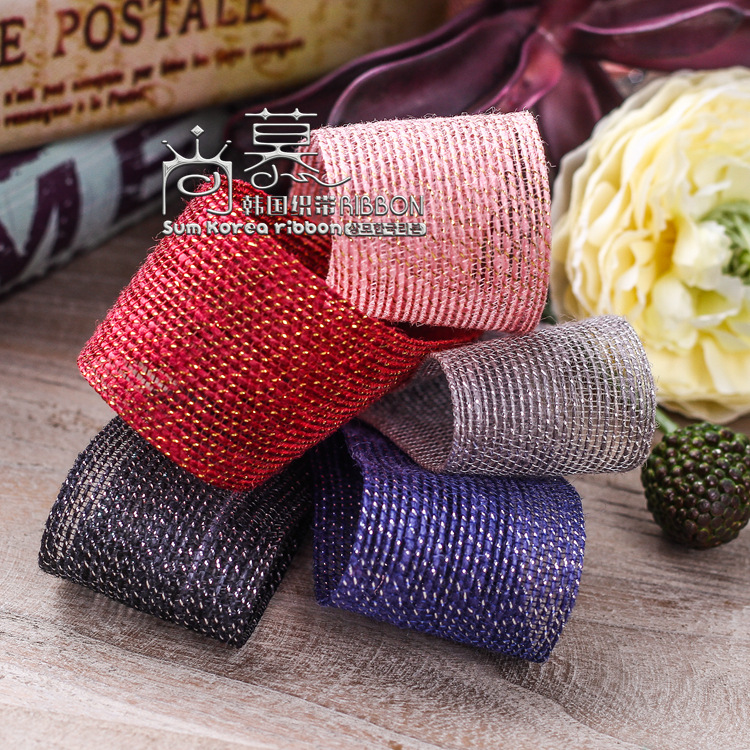 金线条纹硬网纱韩国进口鱼线网纹带发饰DIY材料镂空金葱棉麻带