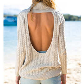 欧美亚马逊ebay新款 纯色翻领镂空长袖露背毛衣 外套女 针织衫女