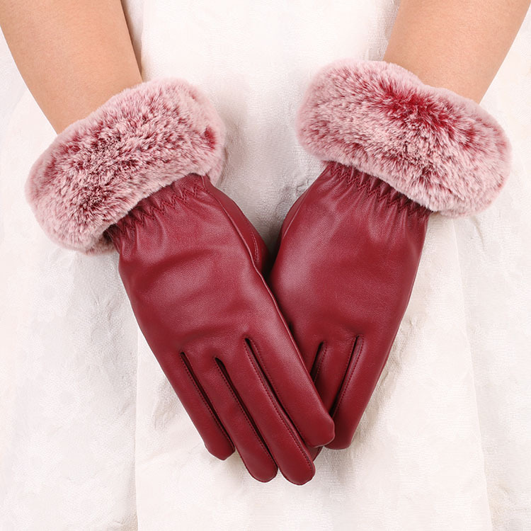 Guantes cálidos de cuero con forro polar y puños gruesos de imitación de piel de conejo para mujer, guantes de cuero PU con pantalla táctil para otoño e invierno.