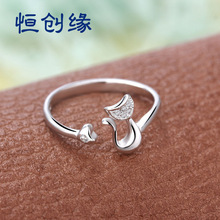 S925纯银开口戒指女日韩简约潮人食指戒个性猫咪活口戒子厂家批发