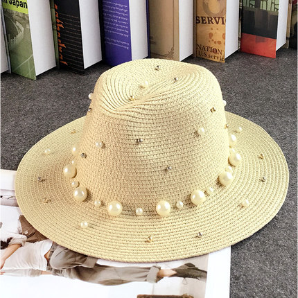 Estilo coreano británico sombrero de paja de ala plana con cuentas de perlas sombrero superior de protección solar de las mujeres sombrero de Jazz sombrero de playa al aire libre verano