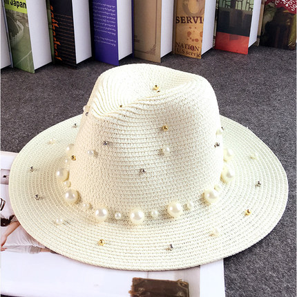 Estilo coreano británico sombrero de paja de ala plana con cuentas de perlas sombrero superior de protección solar de las mujeres sombrero de Jazz sombrero de playa al aire libre verano