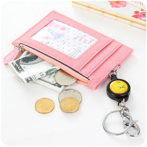 Creative leather card holder with large capacity card holder, bus card retractable card holder with zipper coin purse and keychain