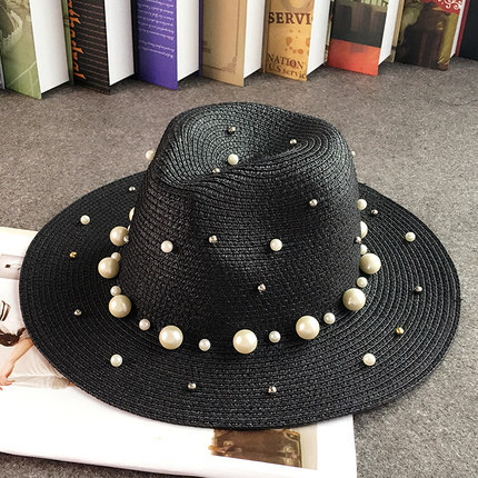Estilo coreano británico sombrero de paja de ala plana con cuentas de perlas sombrero superior de protección solar de las mujeres sombrero de Jazz sombrero de playa al aire libre verano