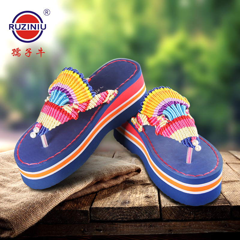 Ruziniu Factory Direct Sales Women's Thickeneded Rainbow Drag Board Hand Hook Sandals Slippers Bottom Sweat-absorbent Platform Sole