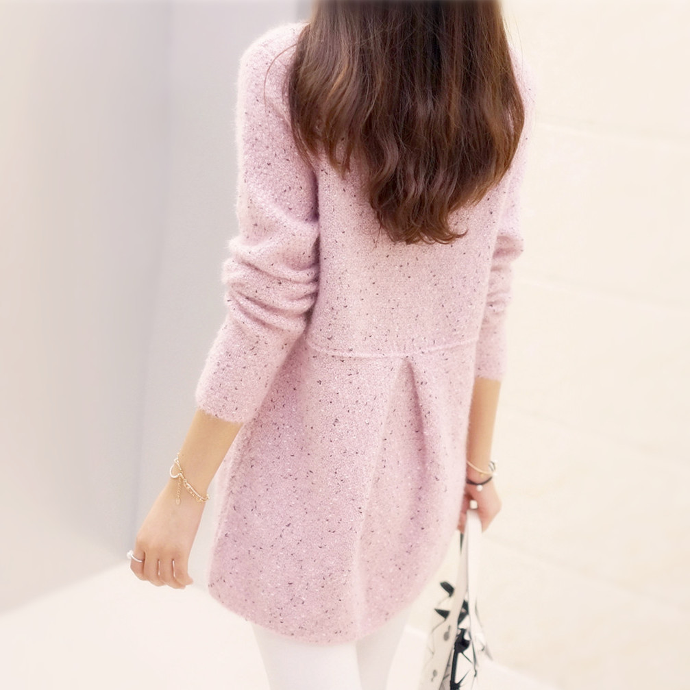 春秋新款女毛衣外套韩版中长款圆领宽松显瘦收腰口袋针织衫开衫女