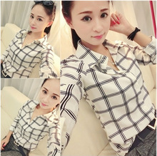 2024一件代销女装 新款格子印花女长袖学生装韩版修身翻领衬衣