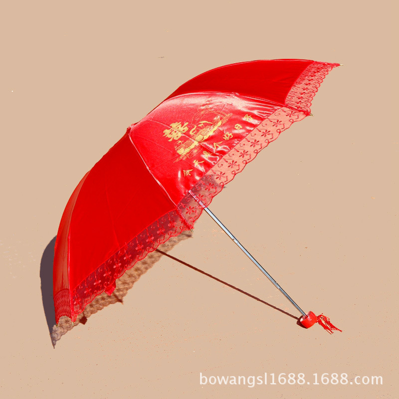Paraguas de boda al por mayor paraguas plegable de la boda tres/paraguas nupcial del cordón/paraguas rojo de la boda