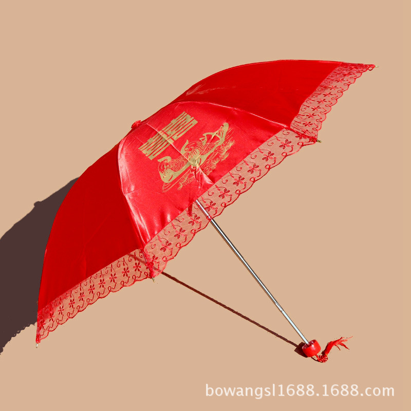 Paraguas de boda al por mayor paraguas plegable de la boda tres/paraguas nupcial del cordón/paraguas rojo de la boda