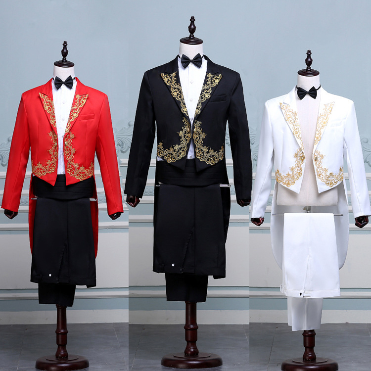Men's Golden Flower Tuxedo Suit Singer Host Chorus Command Suit Stage Performance Suit Black and White Red