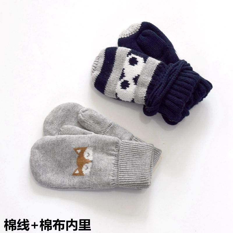 儿童纯棉内衬薄款手套秋冬男女童宝宝棉线布衬手套灰卡通连指手套